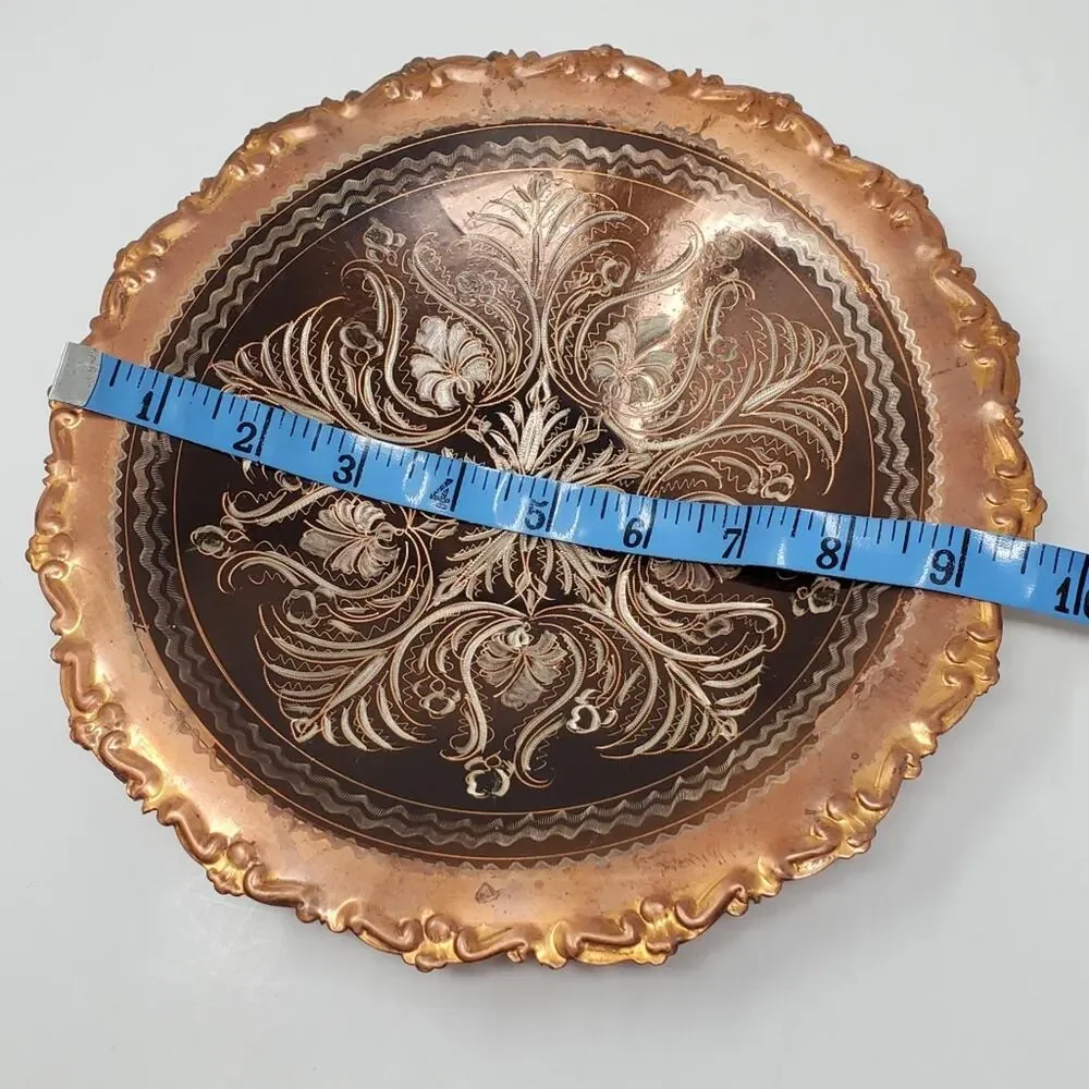 Vintage etched Copper footed decorative bowl in Great used condition 9